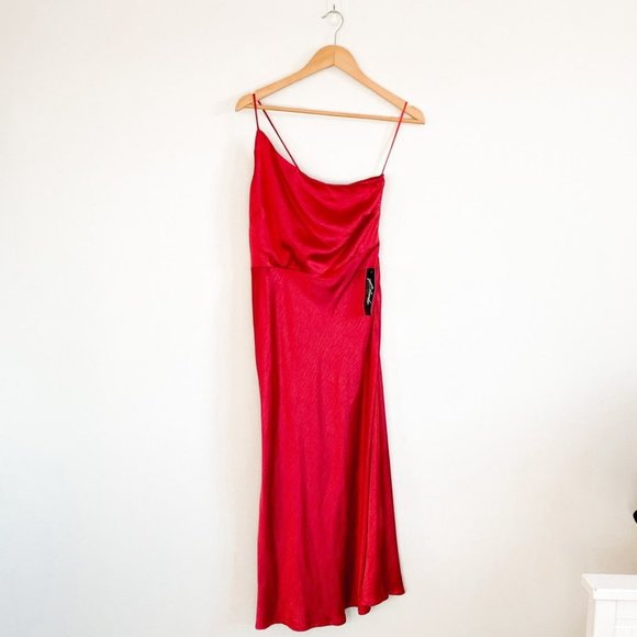 Whyte Valentyne Red Satin Bodycon  Midi Dress Thigh Slit Sz XL/14 - Picture 2 of 6